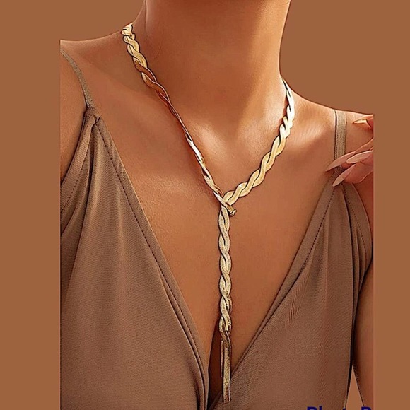 Y Lariat Gold Plated Twisted Herringbone Adjustable Resizable Necklace - Picture 2 of 6
